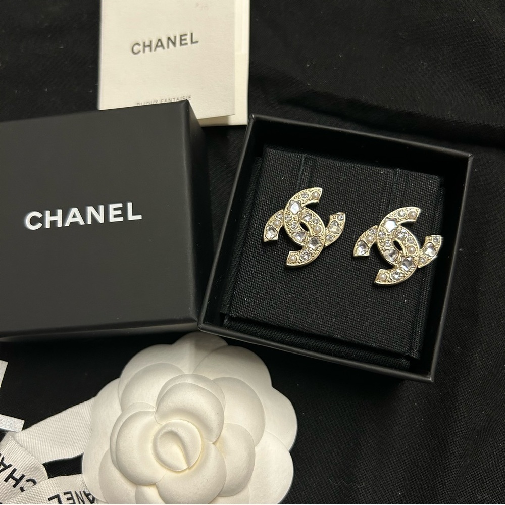 CHANEL Earrings Gold and Silver Crystal Logo